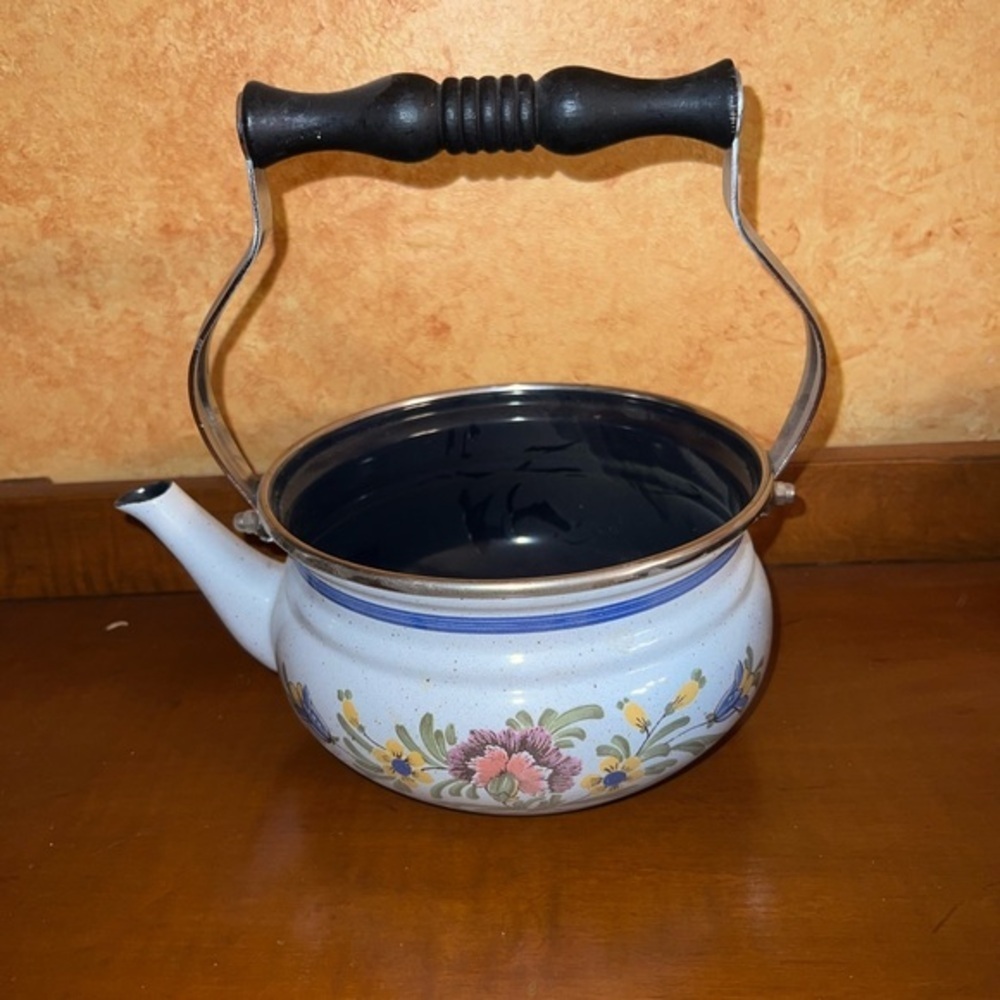 Vintage ASTA Tea Kettle Tea Pot Enamel Ware Floral Pattern 9.5" Made in Germany